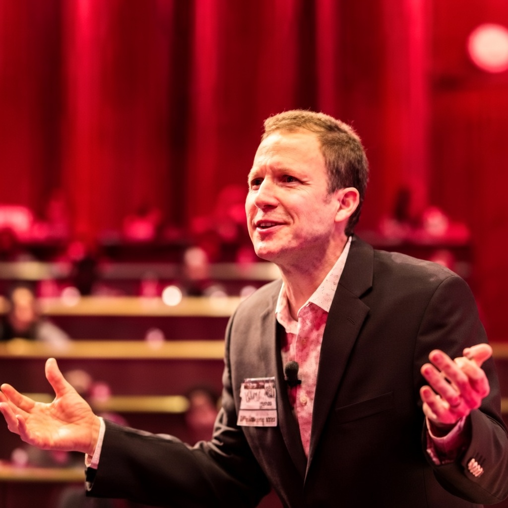 Chris Zervas speaking with energy at a keynote event