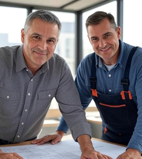 Two construction workers collaborating as a team